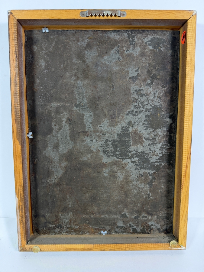 Antique 19th Century Original Mexican Retablo Painting On Tin Depicting The Holy Family With The Christ Child Held By The Virgin Mary And Saint Joseph With A Hovering Dove (God The Father) 9.75 X 13.75 Framed 11 X 15.5 [Photo 14]