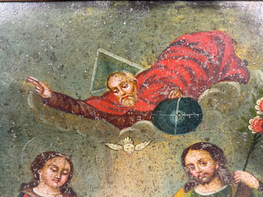 Antique 19th Century Original Mexican Retablo Painting On Tin Depicting The Holy Family With The Christ Child Held By The Virgin Mary And Saint Joseph With A Hovering Dove (God The Father) 9.75 X 13.75 Framed 11 X 15.5 [Photo 8]