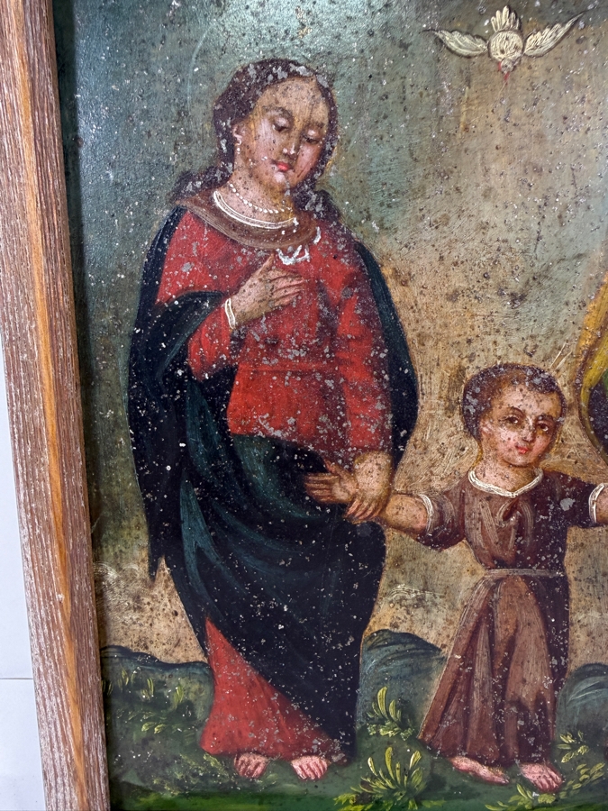 Antique 19th Century Original Mexican Retablo Painting On Tin Depicting The Holy Family With The Christ Child Held By The Virgin Mary And Saint Joseph With A Hovering Dove (God The Father) 9.75 X 13.75 Framed 11 X 15.5 [Photo 4]