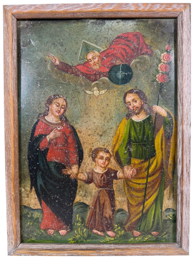 Antique 19th Century Original Mexican Retablo Painting On Tin Depicting The Holy Family With The Christ Child Held By The Virgin Mary And Saint Joseph With A Hovering Dove (God The Father) 9.75 X 13.75 Framed 11 X 15.5