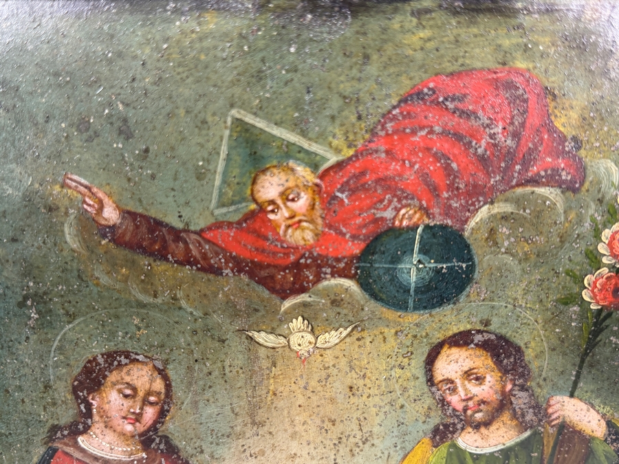 Antique 19th Century Original Mexican Retablo Painting On Tin Depicting The Holy Family With The Christ Child Held By The Virgin Mary And Saint Joseph With A Hovering Dove (God The Father) 9.75 X 13.75 Framed 11 X 15.5 [Photo 7]