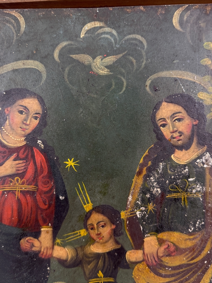Antique 19th Century Original Mexican Retablo Painting On Tin Depicting The Holy Family With The Christ Child Held By The Virgin Mary And Saint Joseph With A Hovering Dove (God The Father) 9.5 X 13.5 Framed 11 X 15.75 [Photo 6]
