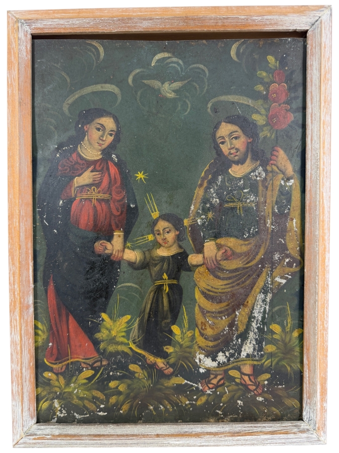 Antique 19th Century Original Mexican Retablo Painting On Tin Depicting The Holy Family With The Christ Child Held By The Virgin Mary And Saint Joseph With A Hovering Dove (God The Father) 9.5 X 13.5 Framed 11 X 15.75