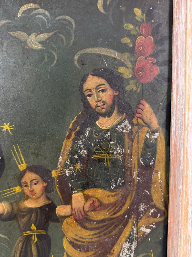 Antique 19th Century Original Mexican Retablo Painting On Tin Depicting The Holy Family With The Christ Child Held By The Virgin Mary And Saint Joseph With A Hovering Dove (God The Father) 9.5 X 13.5 Framed 11 X 15.75 [Photo 5]