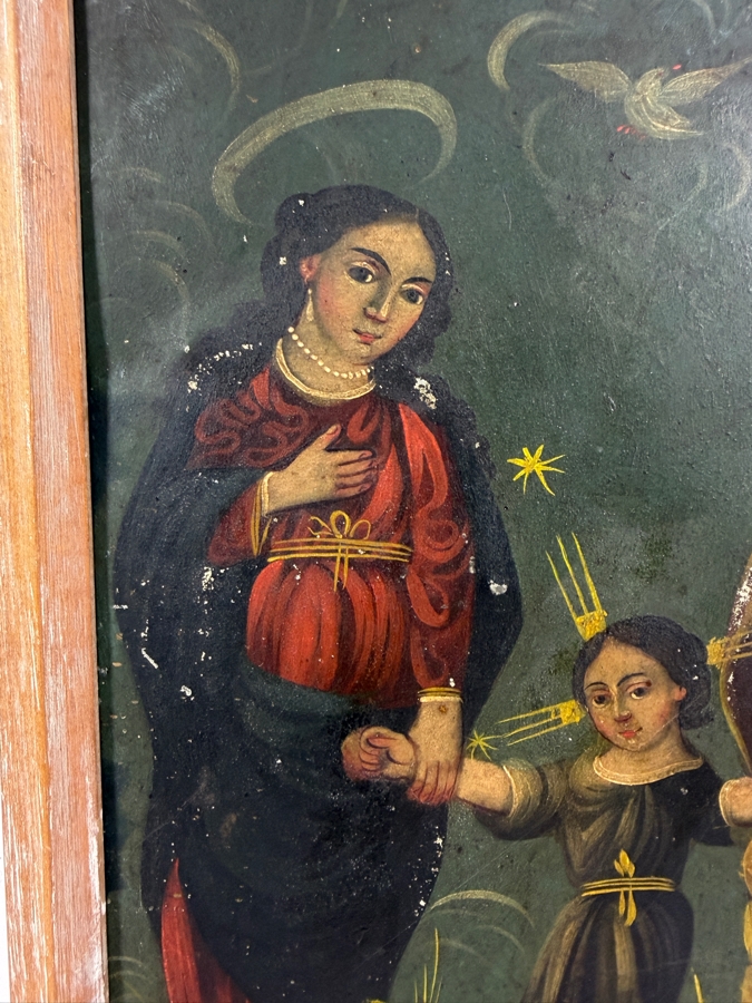 Antique 19th Century Original Mexican Retablo Painting On Tin Depicting The Holy Family With The Christ Child Held By The Virgin Mary And Saint Joseph With A Hovering Dove (God The Father) 9.5 X 13.5 Framed 11 X 15.75 [Photo 4]
