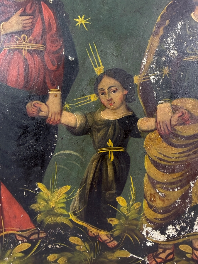 Antique 19th Century Original Mexican Retablo Painting On Tin Depicting The Holy Family With The Christ Child Held By The Virgin Mary And Saint Joseph With A Hovering Dove (God The Father) 9.5 X 13.5 Framed 11 X 15.75 [Photo 3]