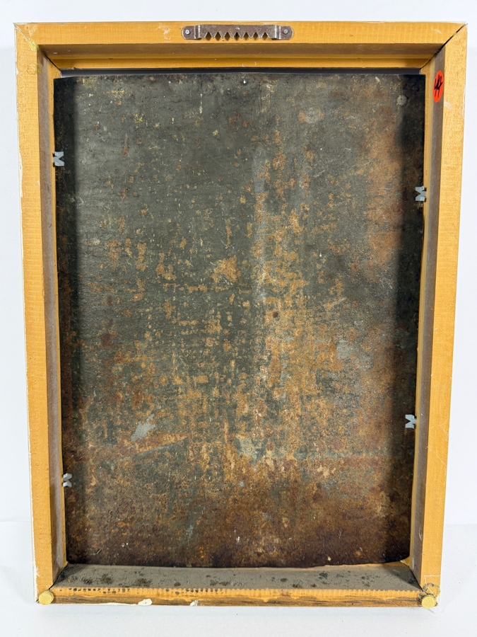 Antique 19th Century Original Mexican Retablo Painting On Tin Depicting The Holy Family With The Christ Child Held By The Virgin Mary And Saint Joseph With A Hovering Dove (God The Father) 9.5 X 13.5 Framed 11 X 15.75 [Photo 12]