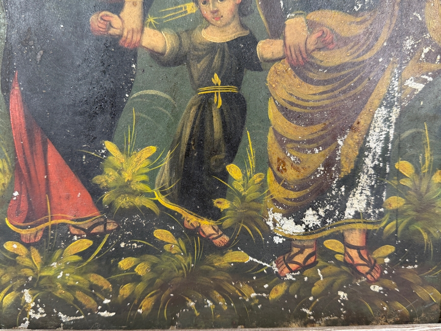 Antique 19th Century Original Mexican Retablo Painting On Tin Depicting The Holy Family With The Christ Child Held By The Virgin Mary And Saint Joseph With A Hovering Dove (God The Father) 9.5 X 13.5 Framed 11 X 15.75 [Photo 7]