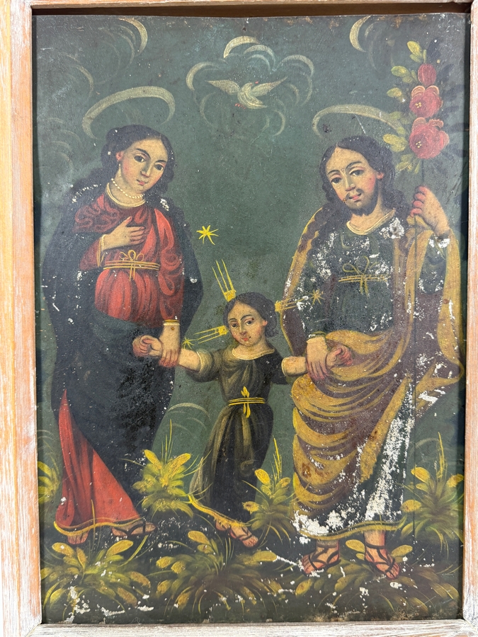 Antique 19th Century Original Mexican Retablo Painting On Tin Depicting The Holy Family With The Christ Child Held By The Virgin Mary And Saint Joseph With A Hovering Dove (God The Father) 9.5 X 13.5 Framed 11 X 15.75 [Photo 2]