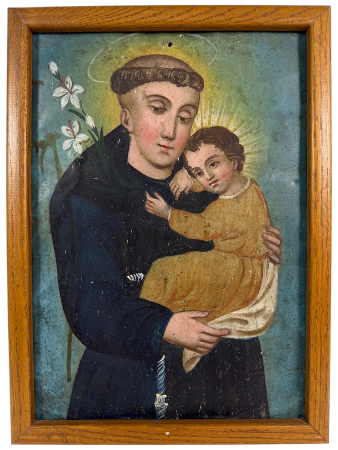 Antique 19th Century Original Mexican Retablo Painting On Tin Depicting Saint Anthony Of Padua Holding The Christ Child 9.5 X 13.5 Framed 11 X 15