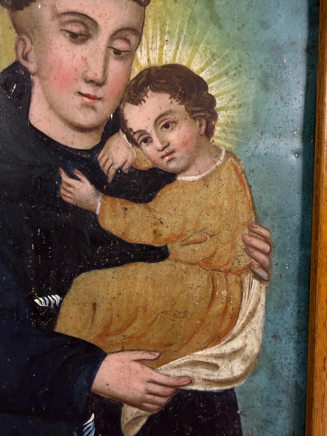 Antique 19th Century Original Mexican Retablo Painting On Tin Depicting Saint Anthony Of Padua Holding The Christ Child 9.5 X 13.5 Framed 11 X 15 [Photo 3]