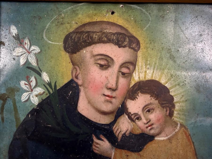 Antique 19th Century Original Mexican Retablo Painting On Tin Depicting Saint Anthony Of Padua Holding The Christ Child 9.5 X 13.5 Framed 11 X 15 [Photo 4]