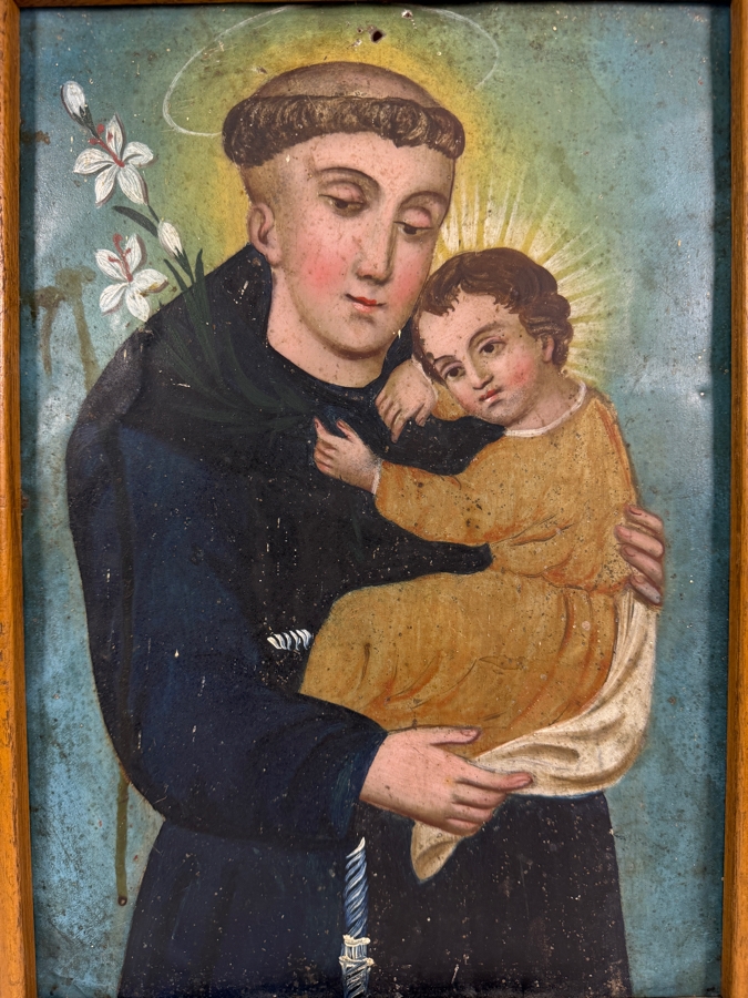 Antique 19th Century Original Mexican Retablo Painting On Tin Depicting Saint Anthony Of Padua Holding The Christ Child 9.5 X 13.5 Framed 11 X 15 [Photo 2]