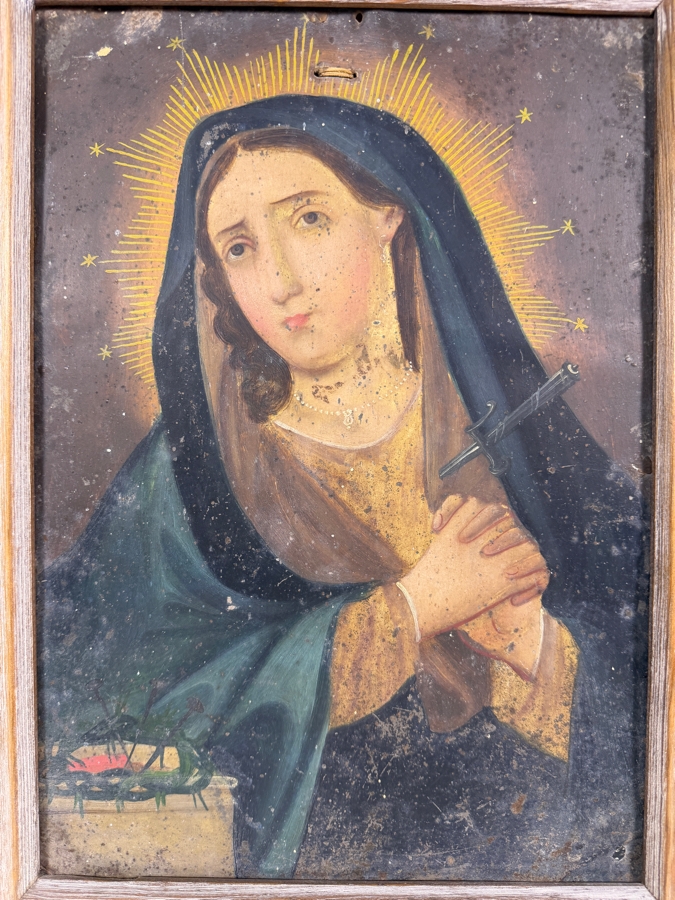 Antique 19th Century Original Mexican Retablo Painting On Tin Depicting Our Lady Of Sorrows, The Grieving Virgin Mary 9.5 X 13.5 Framed 11 X 15.75 [Photo 2]