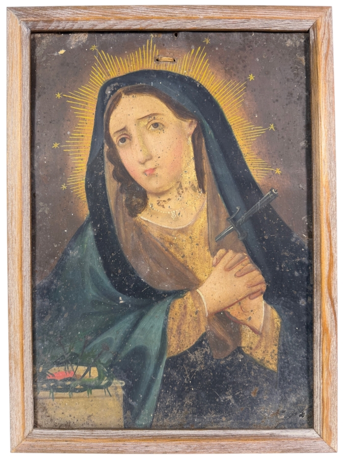 Antique 19th Century Original Mexican Retablo Painting On Tin Depicting Our Lady Of Sorrows, The Grieving Virgin Mary 9.5 X 13.5 Framed 11 X 15.75