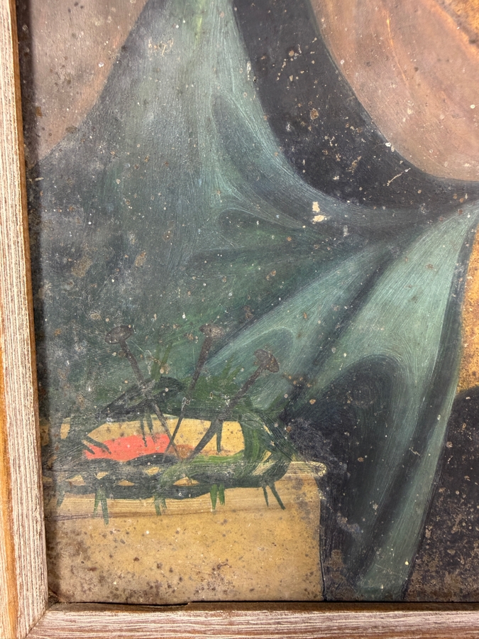 Antique 19th Century Original Mexican Retablo Painting On Tin Depicting Our Lady Of Sorrows, The Grieving Virgin Mary 9.5 X 13.5 Framed 11 X 15.75 [Photo 6]