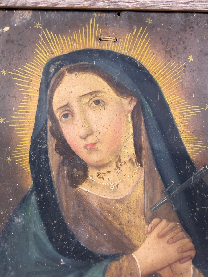 Antique 19th Century Original Mexican Retablo Painting On Tin Depicting Our Lady Of Sorrows, The Grieving Virgin Mary 9.5 X 13.5 Framed 11 X 15.75 [Photo 3]