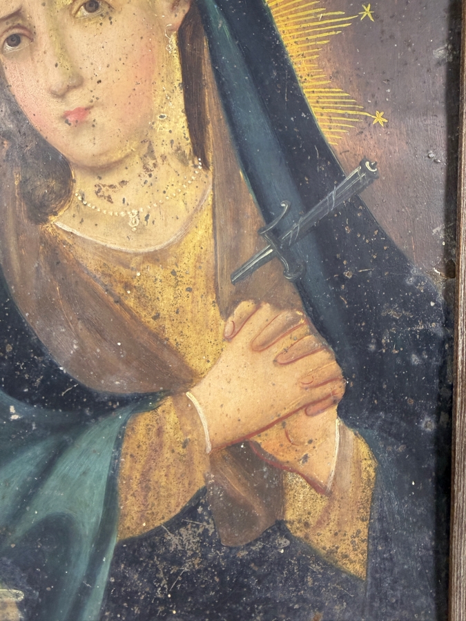 Antique 19th Century Original Mexican Retablo Painting On Tin Depicting Our Lady Of Sorrows, The Grieving Virgin Mary 9.5 X 13.5 Framed 11 X 15.75 [Photo 5]