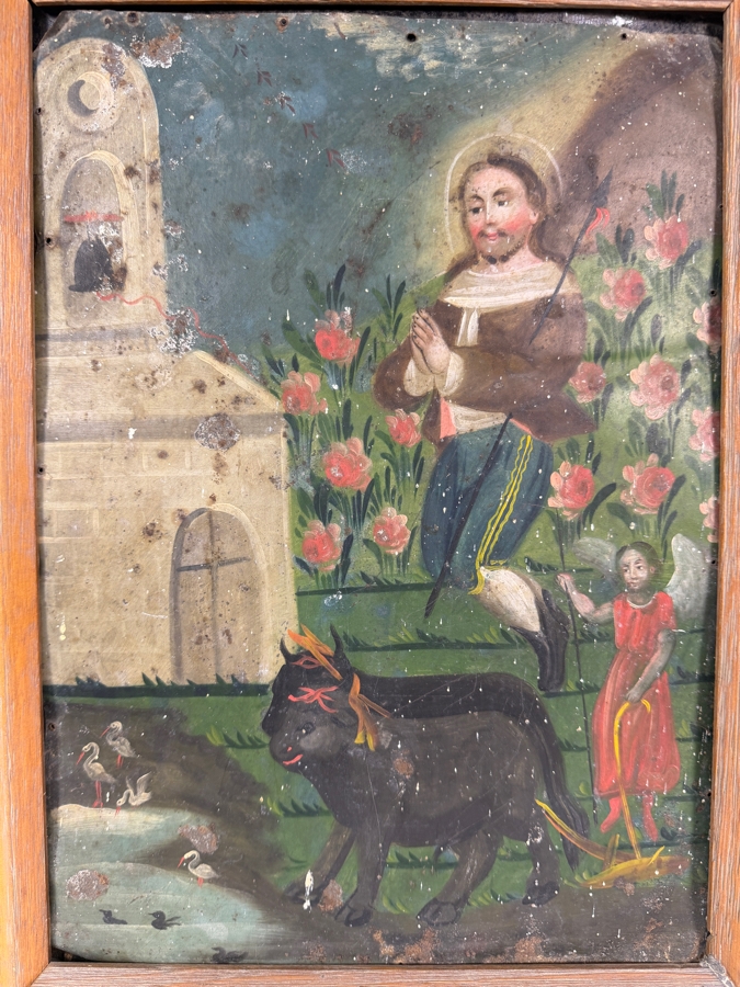 Antique 19th Century Original Mexican Retablo Painting On Tin Depicting Saint Isidore The Farmer, The Patron Saint Of Farmers Showing The Saint Praying Behind An Angel-guided Team Of Oxen Plowing A Field Near A Church 9.75 X 13.5 Framed 11 X 15.5 [Photo 2]