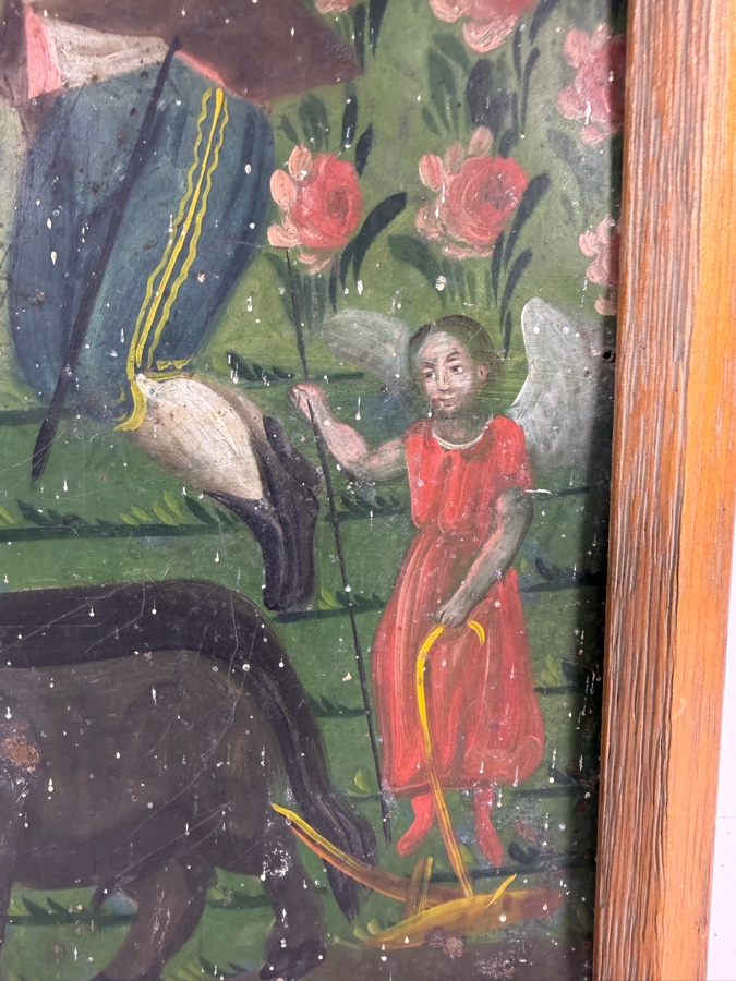 Antique 19th Century Original Mexican Retablo Painting On Tin Depicting Saint Isidore The Farmer, The Patron Saint Of Farmers Showing The Saint Praying Behind An Angel-guided Team Of Oxen Plowing A Field Near A Church 9.75 X 13.5 Framed 11 X 15.5 [Photo 4]