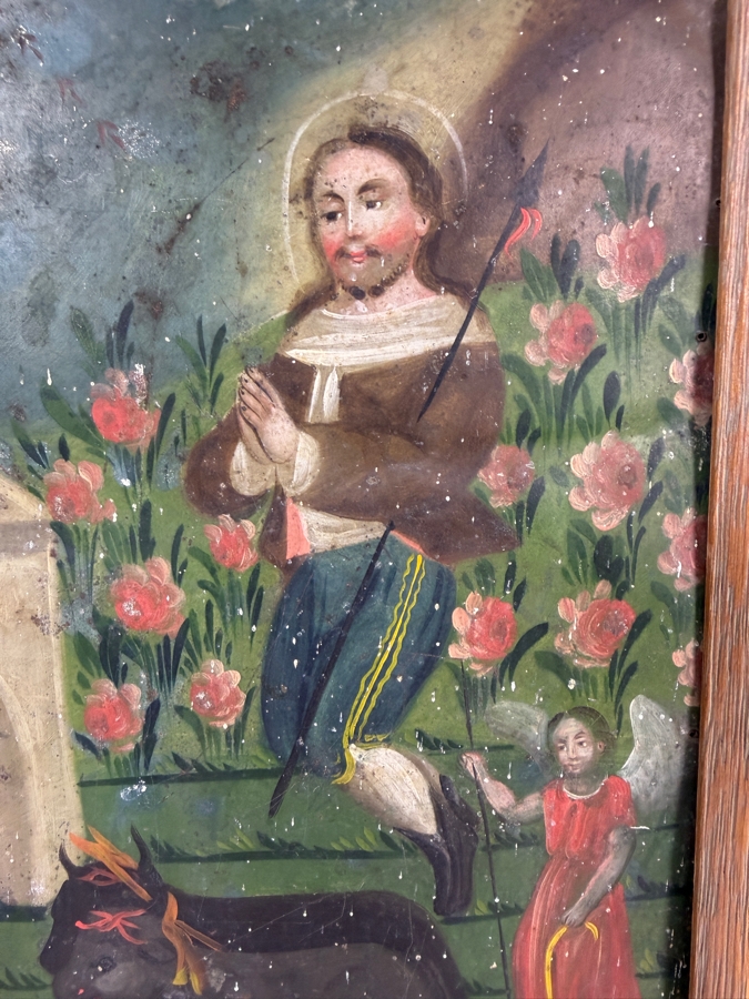 Antique 19th Century Original Mexican Retablo Painting On Tin Depicting Saint Isidore The Farmer, The Patron Saint Of Farmers Showing The Saint Praying Behind An Angel-guided Team Of Oxen Plowing A Field Near A Church 9.75 X 13.5 Framed 11 X 15.5 [Photo 3]