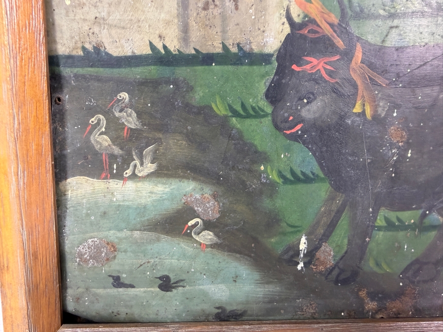 Antique 19th Century Original Mexican Retablo Painting On Tin Depicting Saint Isidore The Farmer, The Patron Saint Of Farmers Showing The Saint Praying Behind An Angel-guided Team Of Oxen Plowing A Field Near A Church 9.75 X 13.5 Framed 11 X 15.5 [Photo 6]