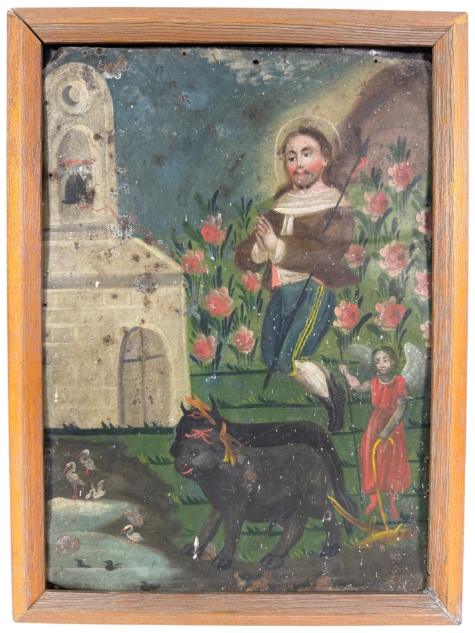 Antique 19th Century Original Mexican Retablo Painting On Tin Depicting Saint Isidore The Farmer, The Patron Saint Of Farmers Showing The Saint Praying Behind An Angel-guided Team Of Oxen Plowing A Field Near A Church 9.75 X 13.5 Framed 11 X 15.5