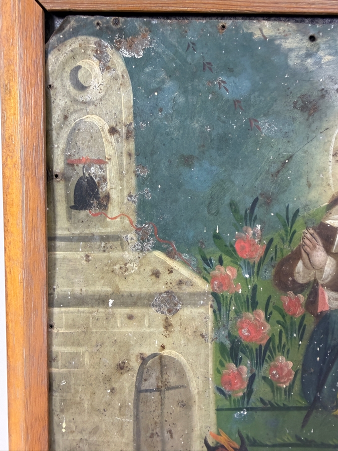 Antique 19th Century Original Mexican Retablo Painting On Tin Depicting Saint Isidore The Farmer, The Patron Saint Of Farmers Showing The Saint Praying Behind An Angel-guided Team Of Oxen Plowing A Field Near A Church 9.75 X 13.5 Framed 11 X 15.5 [Photo 7]