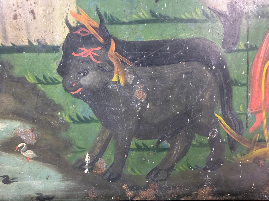 Antique 19th Century Original Mexican Retablo Painting On Tin Depicting Saint Isidore The Farmer, The Patron Saint Of Farmers Showing The Saint Praying Behind An Angel-guided Team Of Oxen Plowing A Field Near A Church 9.75 X 13.5 Framed 11 X 15.5 [Photo 5]