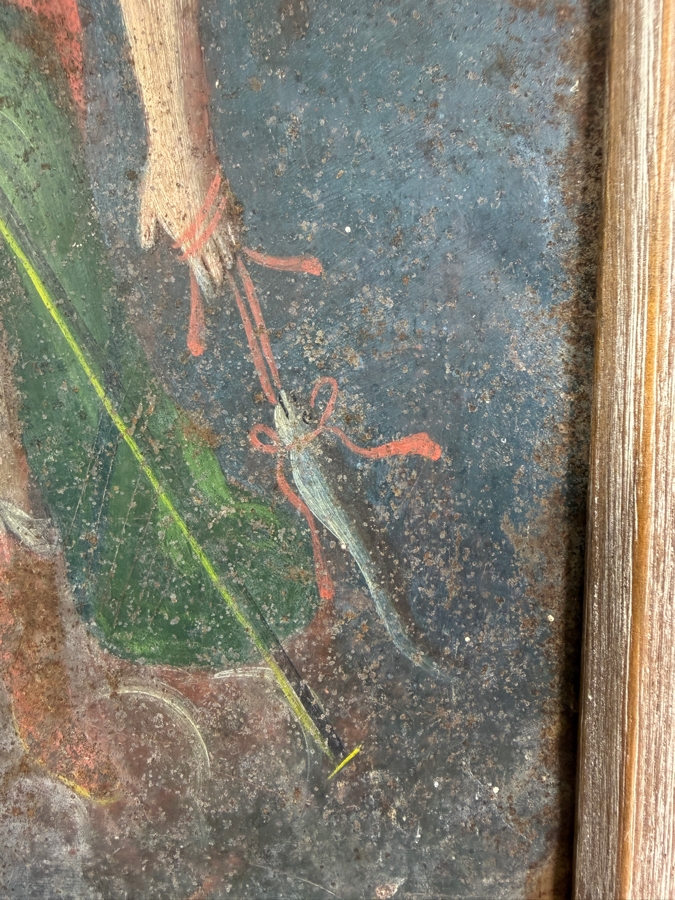 Antique 19th Century Original Mexican Retablo Painting On Tin Depicting Saint Raphael The Archangel 9.75 X 13.75 Framed 11 X 15.5 [Photo 5]