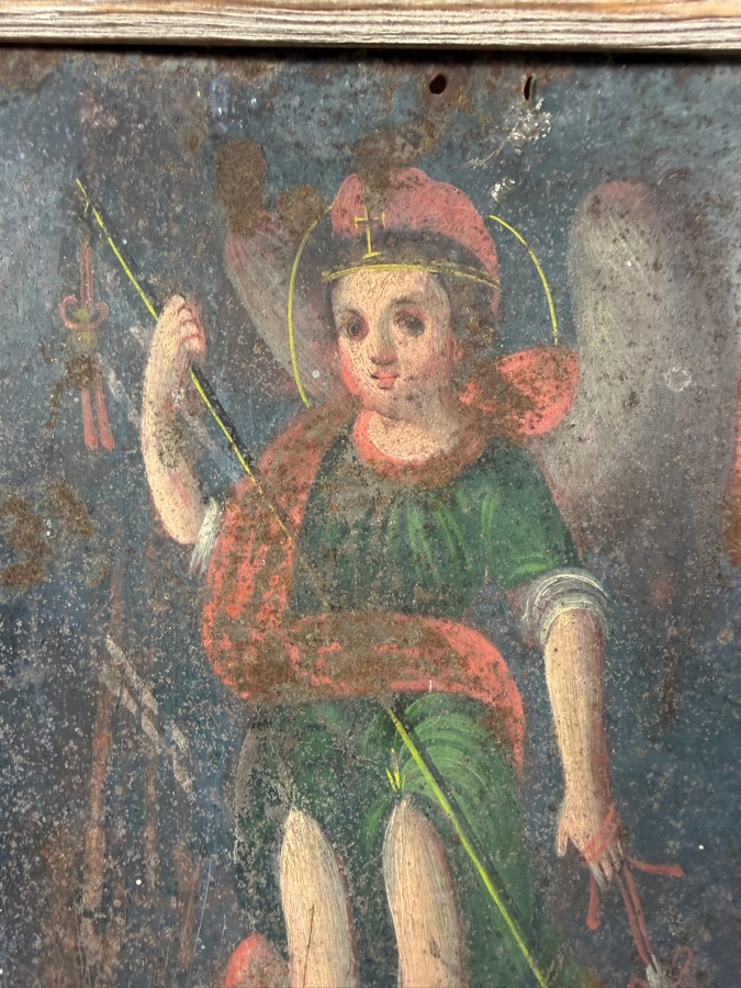 Antique 19th Century Original Mexican Retablo Painting On Tin Depicting Saint Raphael The Archangel 9.75 X 13.75 Framed 11 X 15.5 [Photo 3]