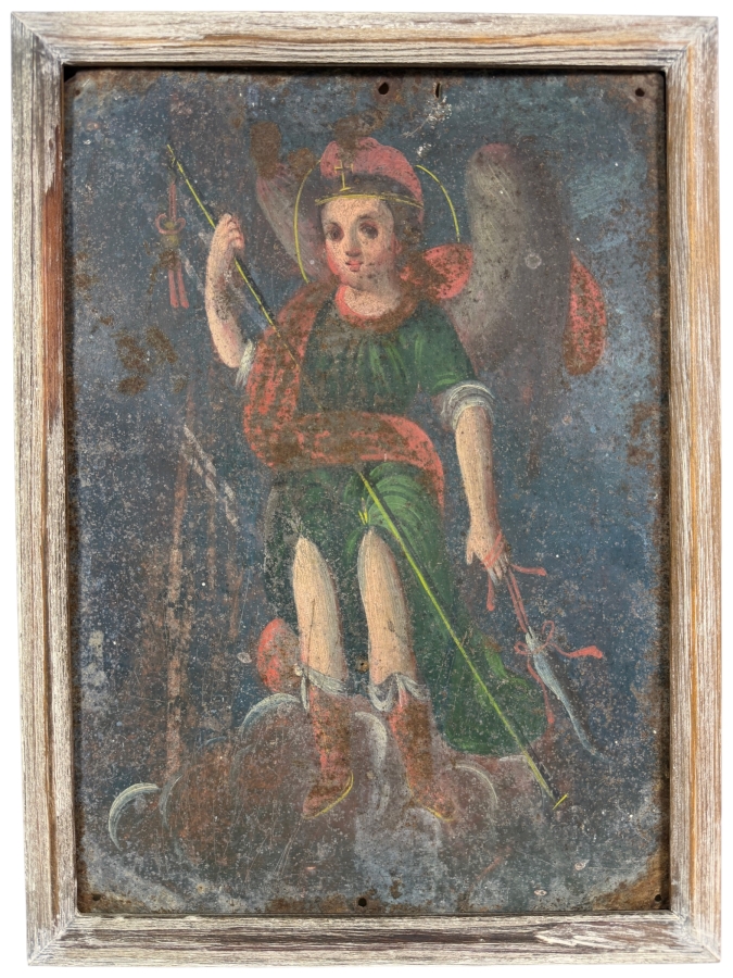 Antique 19th Century Original Mexican Retablo Painting On Tin Depicting Saint Raphael The Archangel 9.75 X 13.75 Framed 11 X 15.5
