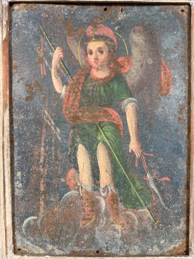 Antique 19th Century Original Mexican Retablo Painting On Tin Depicting Saint Raphael The Archangel 9.75 X 13.75 Framed 11 X 15.5 [Photo 2]