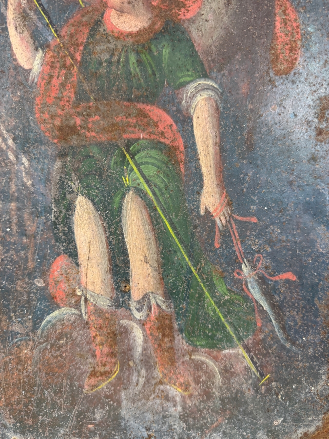 Antique 19th Century Original Mexican Retablo Painting On Tin Depicting Saint Raphael The Archangel 9.75 X 13.75 Framed 11 X 15.5 [Photo 4]