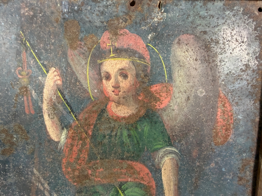 Antique 19th Century Original Mexican Retablo Painting On Tin Depicting Saint Raphael The Archangel 9.75 X 13.75 Framed 11 X 15.5 [Photo 6]