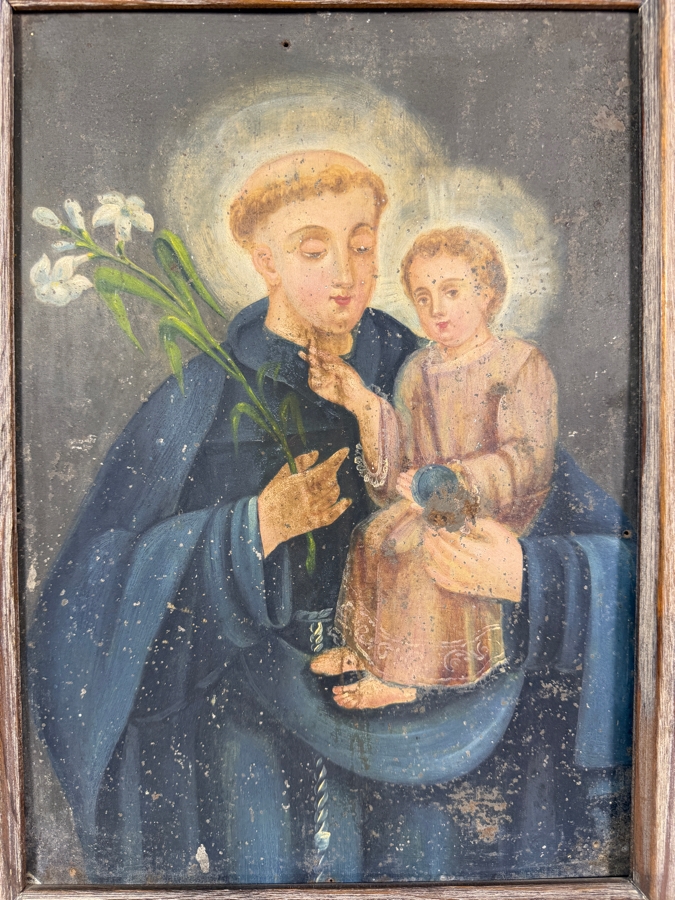 Antique 19th Century Original Mexican Retablo Painting On Tin Depicting Saint Anthony Of Padua Holding The Christ Child 9.75 X 13.75 Framed 11 X 15.5 [Photo 2]