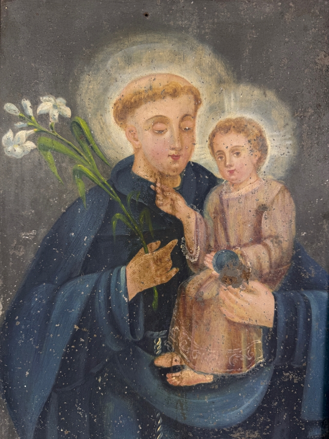 Antique 19th Century Original Mexican Retablo Painting On Tin Depicting Saint Anthony Of Padua Holding The Christ Child 9.75 X 13.75 Framed 11 X 15.5 [Photo 3]