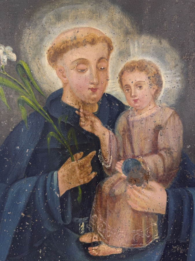 Antique 19th Century Original Mexican Retablo Painting On Tin Depicting Saint Anthony Of Padua Holding The Christ Child 9.75 X 13.75 Framed 11 X 15.5 [Photo 4]