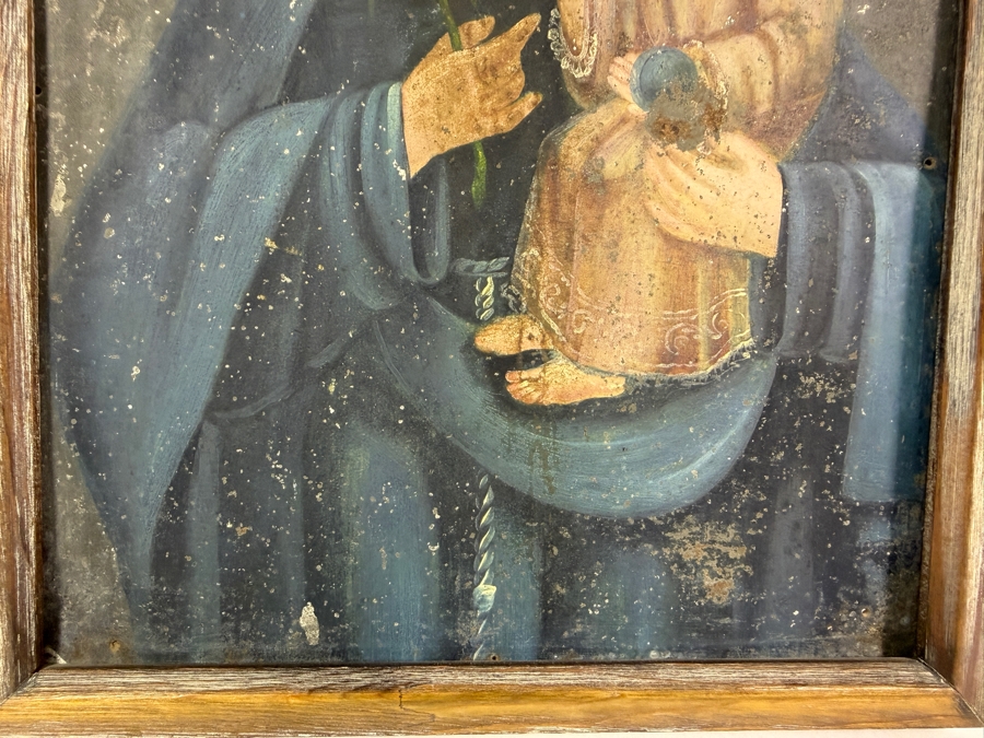 Antique 19th Century Original Mexican Retablo Painting On Tin Depicting Saint Anthony Of Padua Holding The Christ Child 9.75 X 13.75 Framed 11 X 15.5 [Photo 6]