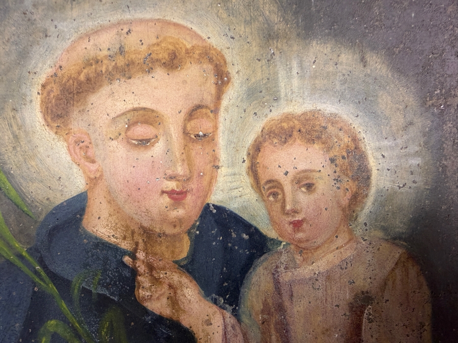 Antique 19th Century Original Mexican Retablo Painting On Tin Depicting Saint Anthony Of Padua Holding The Christ Child 9.75 X 13.75 Framed 11 X 15.5 [Photo 5]