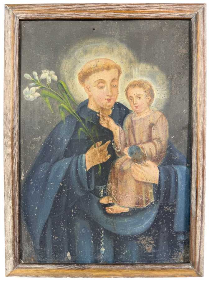 Antique 19th Century Original Mexican Retablo Painting On Tin Depicting Saint Anthony Of Padua Holding The Christ Child 9.75 X 13.75 Framed 11 X 15.5