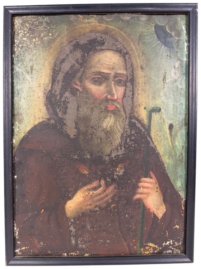 Antique 19th Century Original Mexican Retablo Painting On Tin Depicting Saint Francis Of Paola 10 X 13.5 Framed