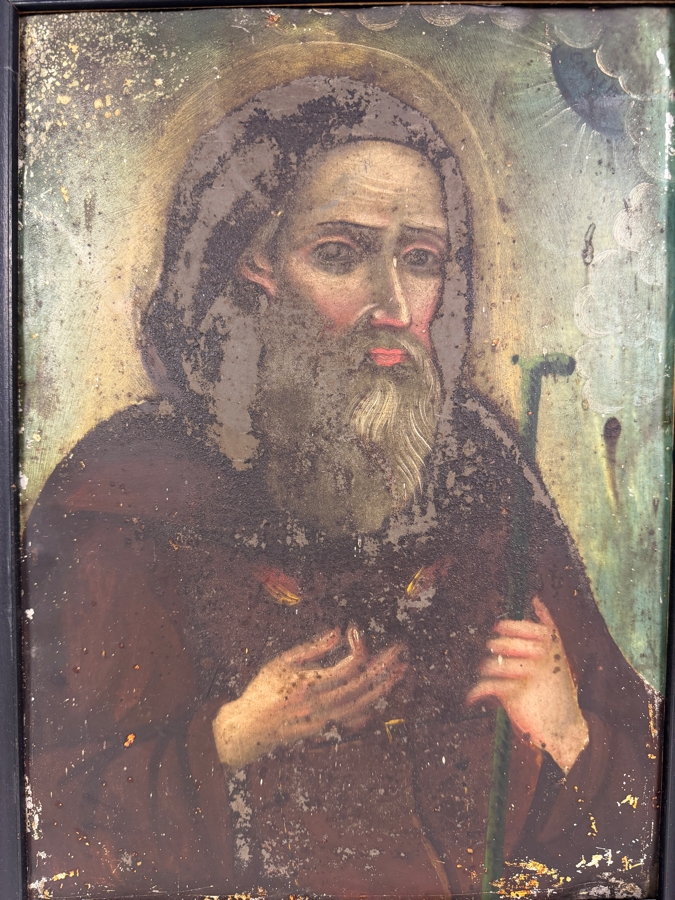 Antique 19th Century Original Mexican Retablo Painting On Tin Depicting Saint Francis Of Paola 10 X 13.5 Framed [Photo 2]