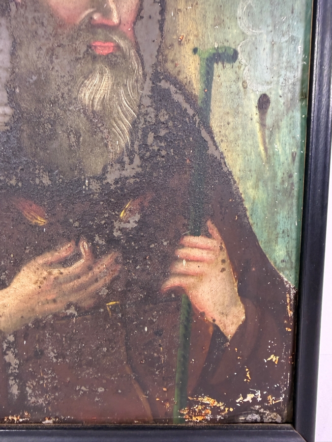 Antique 19th Century Original Mexican Retablo Painting On Tin Depicting Saint Francis Of Paola 10 X 13.5 Framed [Photo 5]
