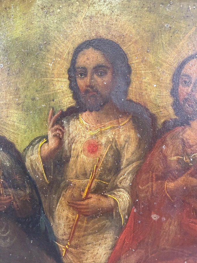 Antique 19th Century Original Mexican Retablo Painting On Tin Depicting The Holy Trinity (God The Father In The Center, Jesus the Son To The Left And The Holy Spirit To The Right) 9 X 11.75 Framed 12 X 15 [Photo 4]