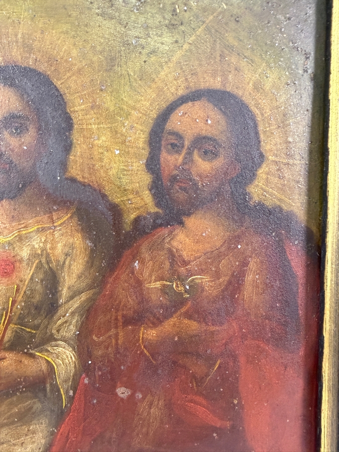 Antique 19th Century Original Mexican Retablo Painting On Tin Depicting The Holy Trinity (God The Father In The Center, Jesus the Son To The Left And The Holy Spirit To The Right) 9 X 11.75 Framed 12 X 15 [Photo 5]