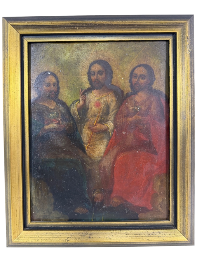 Antique 19th Century Original Mexican Retablo Painting On Tin Depicting The Holy Trinity (God The Father In The Center, Jesus the Son To The Left And The Holy Spirit To The Right) 9 X 11.75 Framed 12 X 15