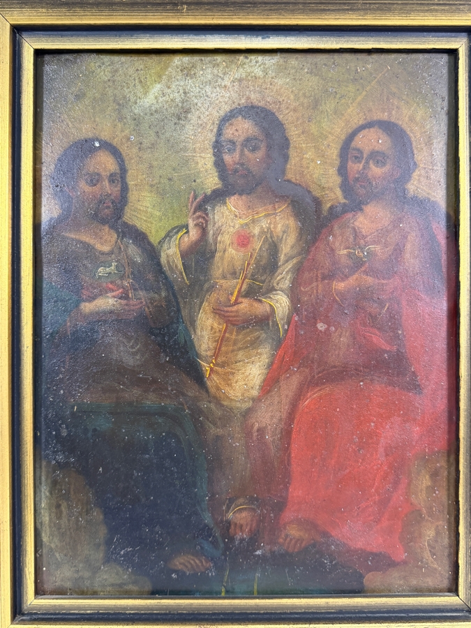Antique 19th Century Original Mexican Retablo Painting On Tin Depicting The Holy Trinity (God The Father In The Center, Jesus the Son To The Left And The Holy Spirit To The Right) 9 X 11.75 Framed 12 X 15 [Photo 3]
