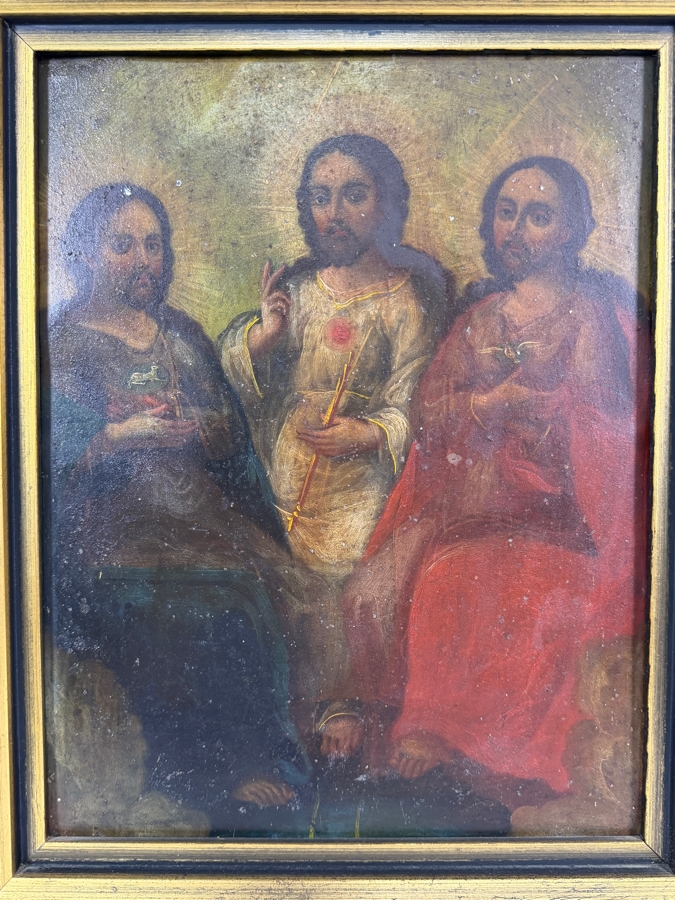 Antique 19th Century Original Mexican Retablo Painting On Tin Depicting The Holy Trinity (God The Father In The Center, Jesus the Son To The Left And The Holy Spirit To The Right) 9 X 11.75 Framed 12 X 15 [Photo 2]