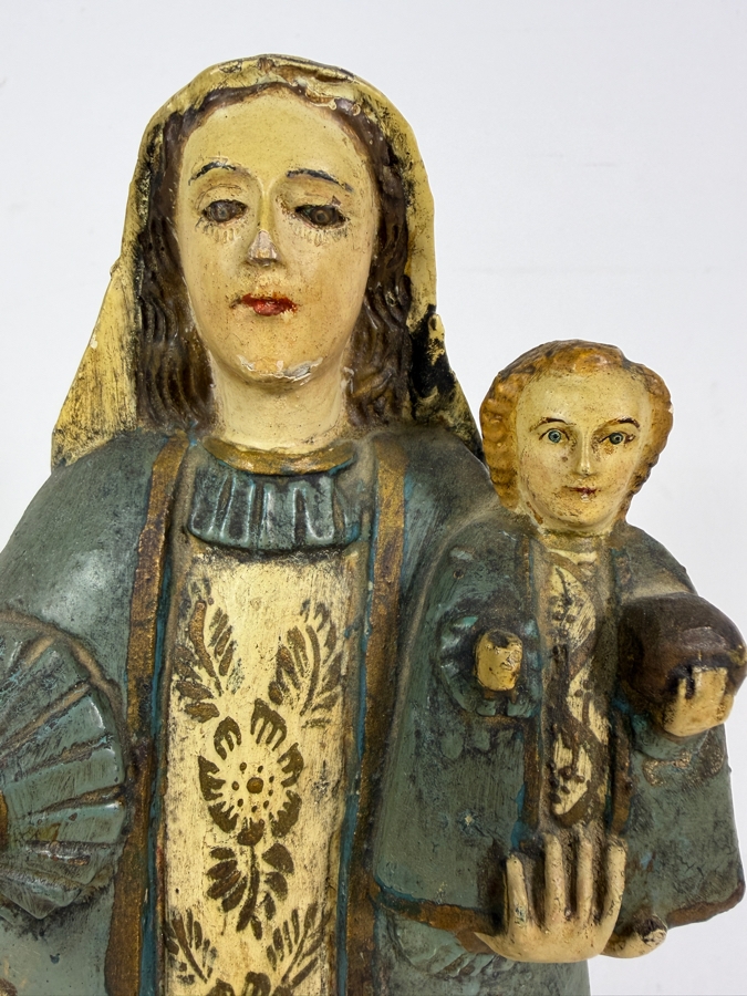 Antique Mexican Santos Hand Carved And Hand Painted Wooden Sculpture Of The Madonna And Christ Child Standing On A Crescent Moon 11.5H [Photo 5]
